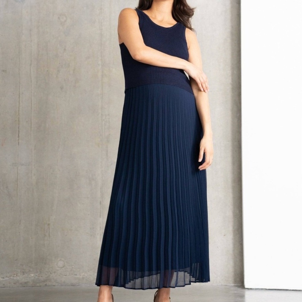 Seraphine Elsa Navy‎ Knit Top Pleated Skirt Maternity Nursing Midi Dress US 12